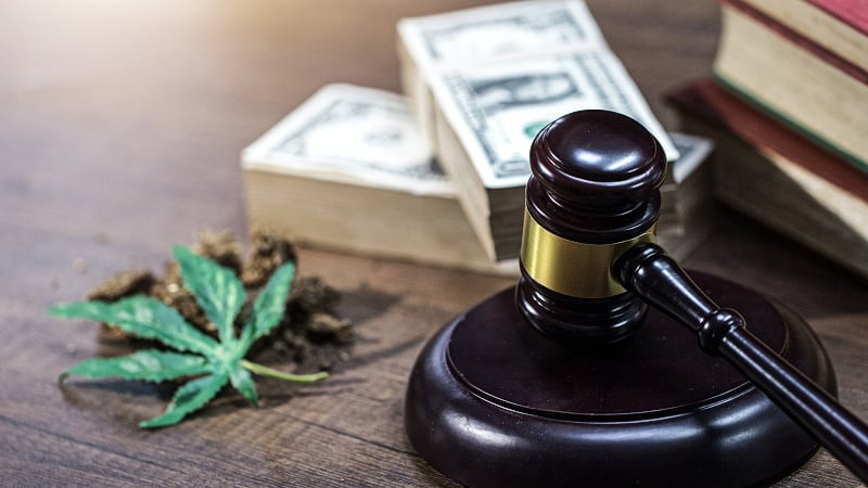 Hemp leaf, dried buds, bills, and judge gavel placed on a table