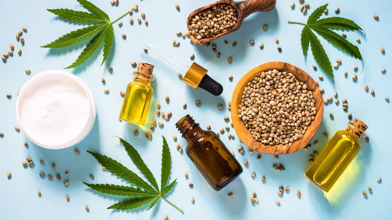 Hemp Products with Hemp Leaves and Seeds
