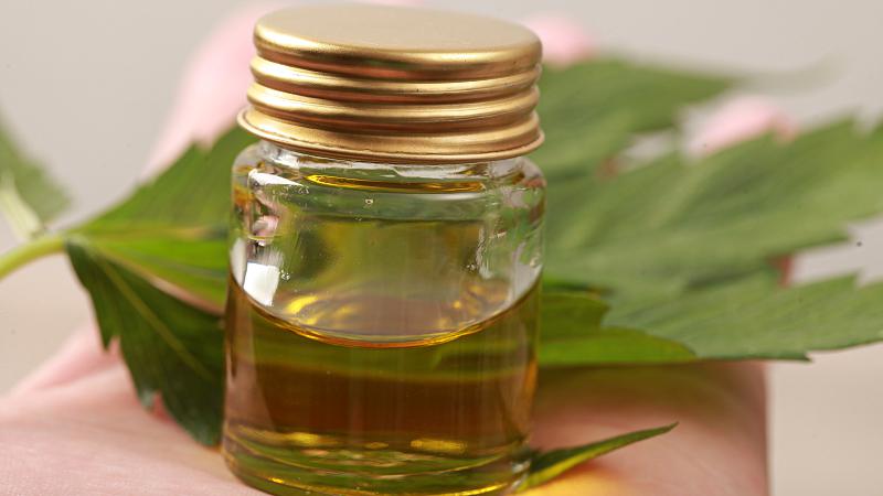 Close up image of a hand holding a bottle of CBD oil and a hemp leaf