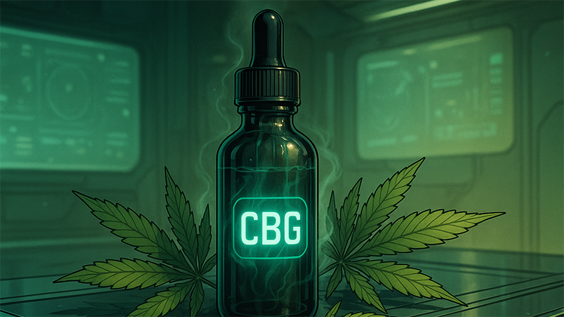 A CBG bottle next to cannabis leaves