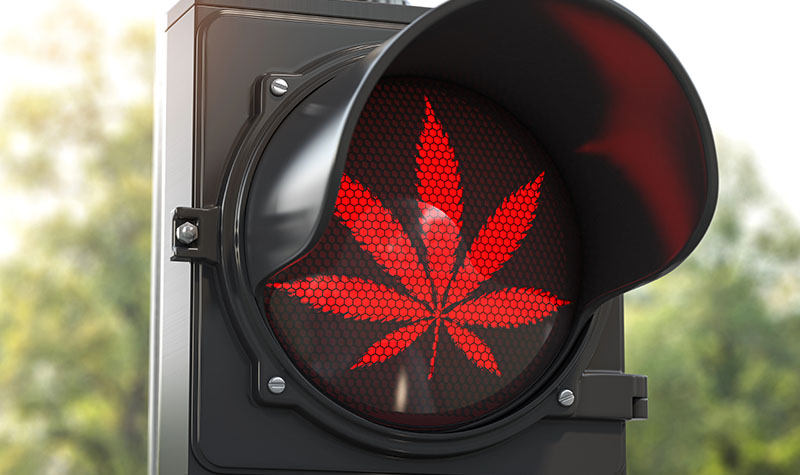 A stop sign with the cannabis leaf in red