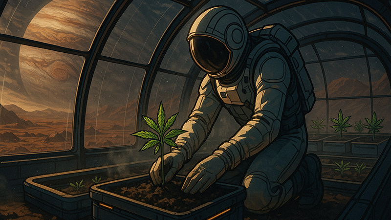 A scifi image of a scientist planting a cannabis plant on an unknown planet