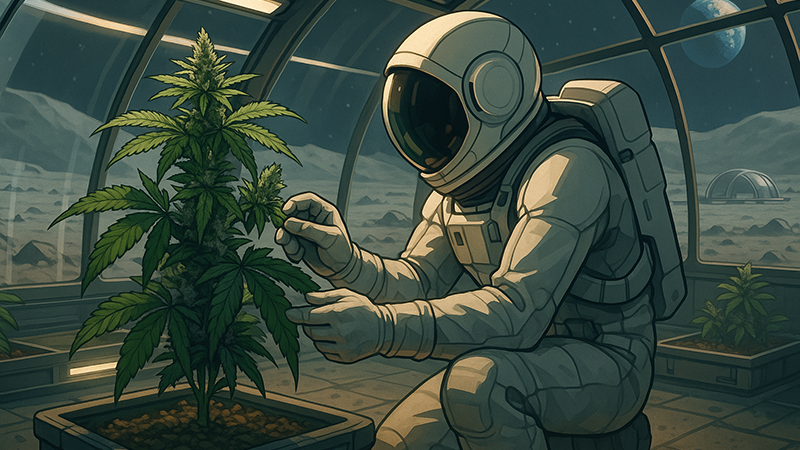 A scifi image of an astronaut checking the leaves of a cannabis plant