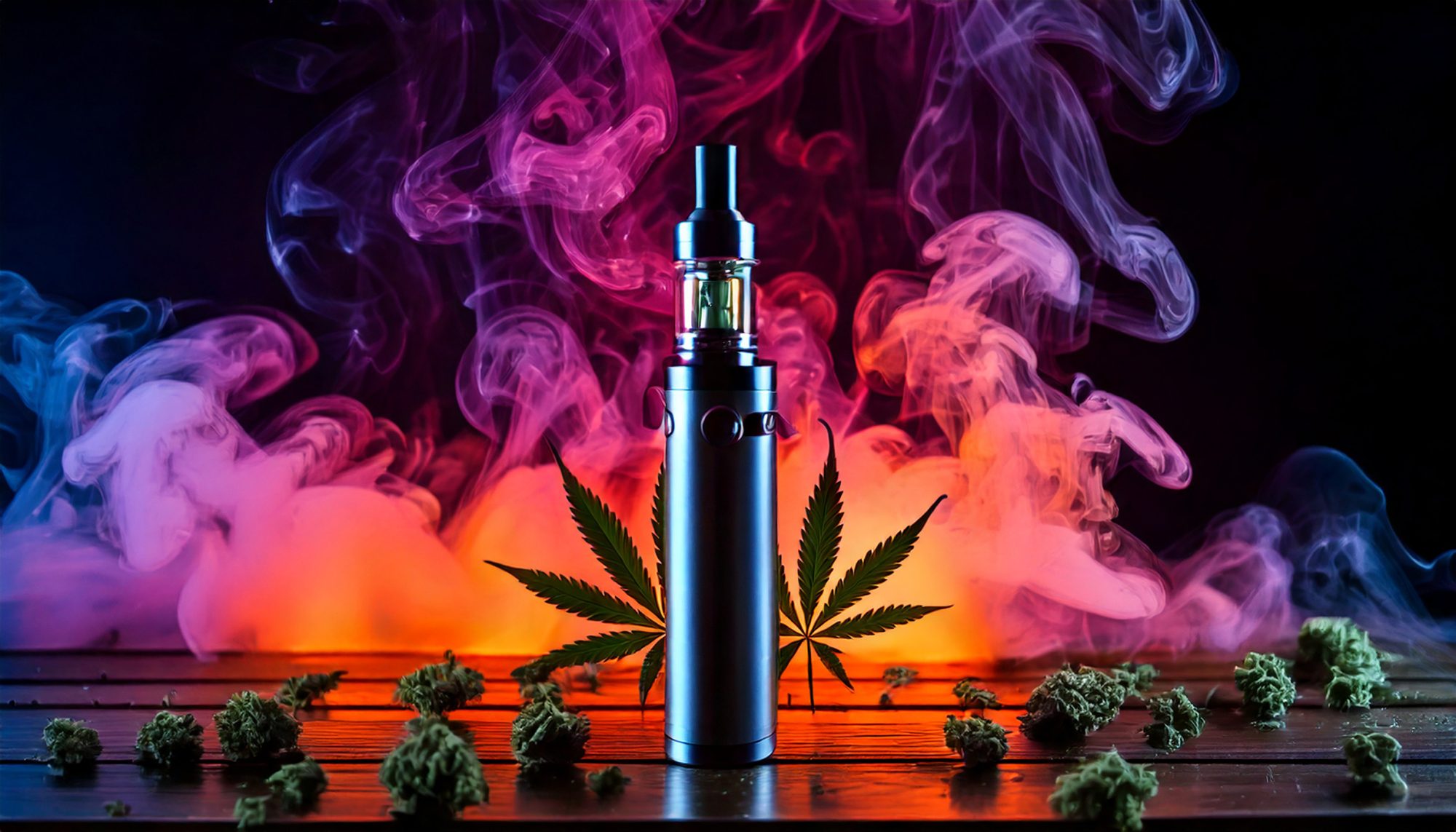 Sativa vape with red and pink smoke on the background