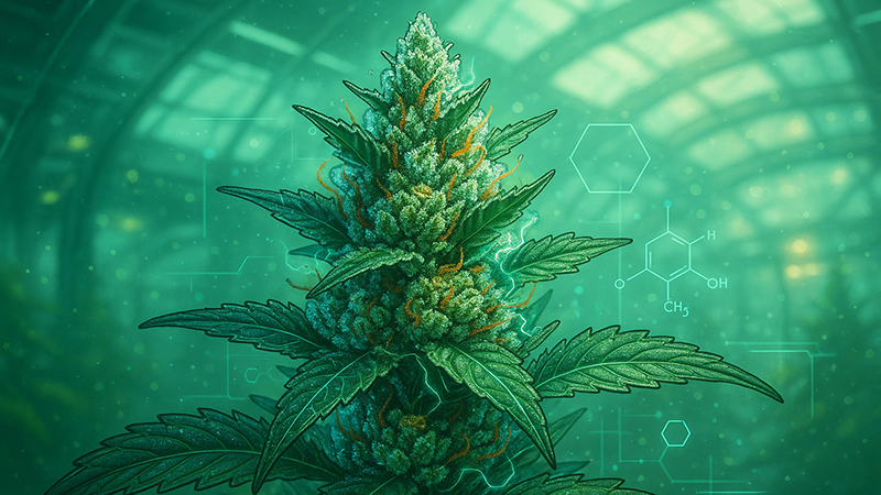 A healthy cannabis plant in a green dome