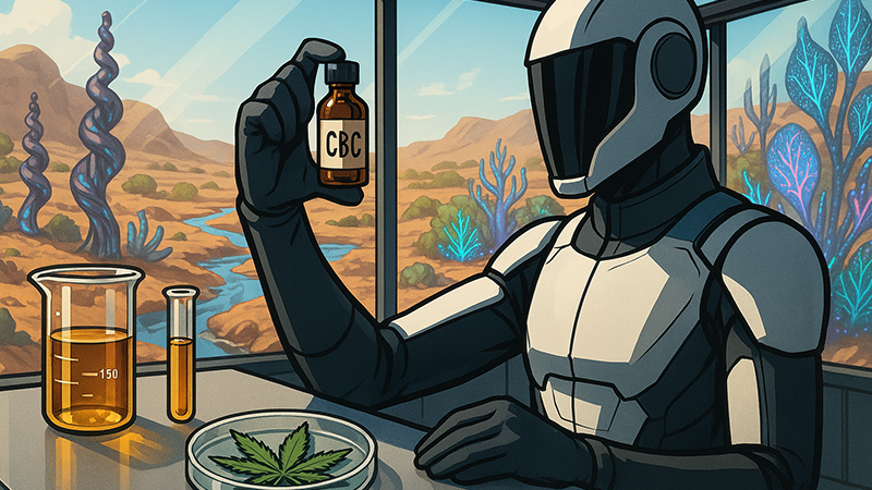 Astronaut checking out the contents of a CBD bottle