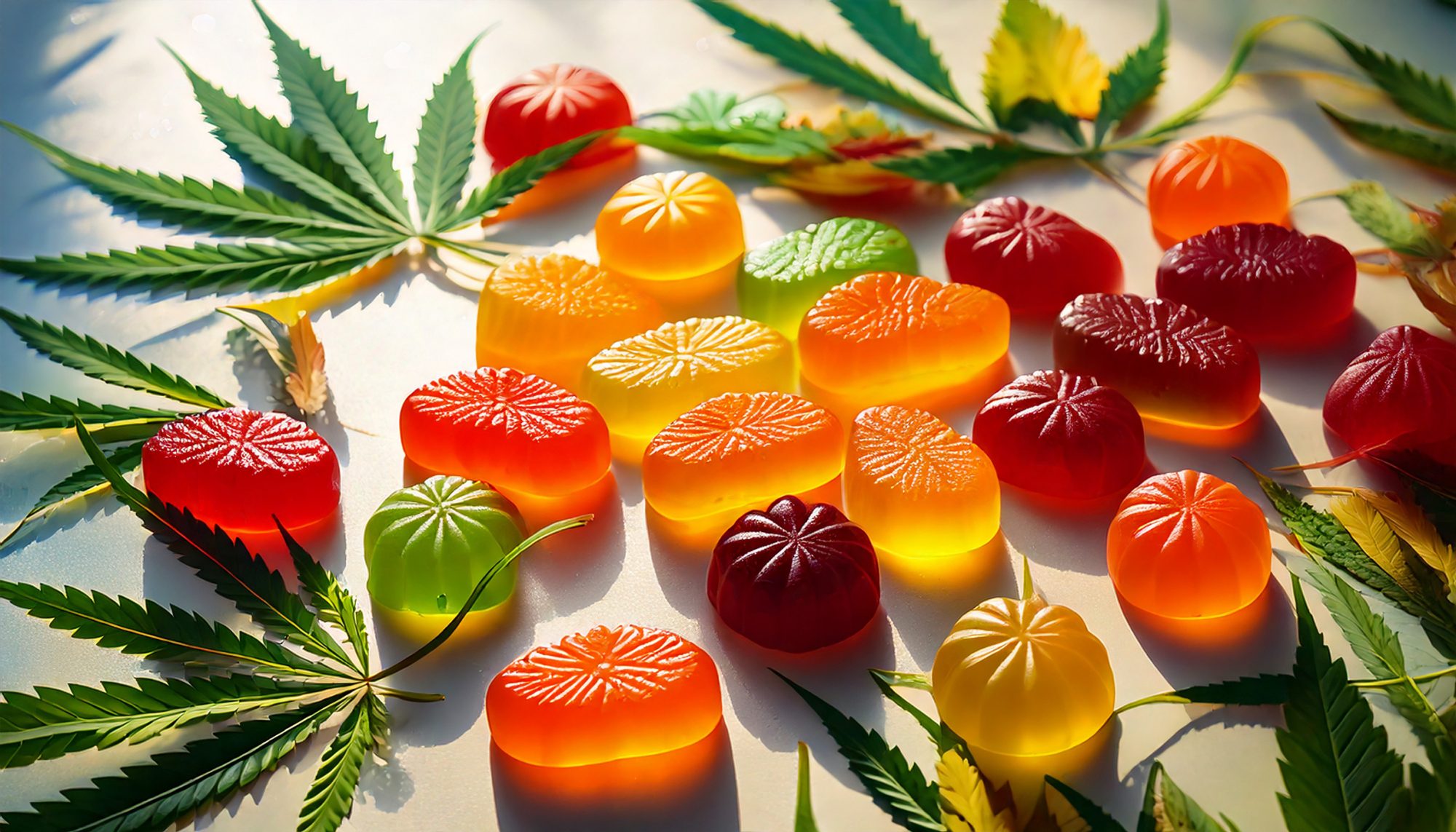 cbd gummies next to cannabis leaves