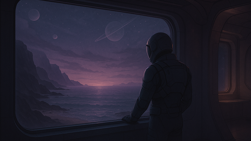 An astronaut with melancholic depression looking out in the open