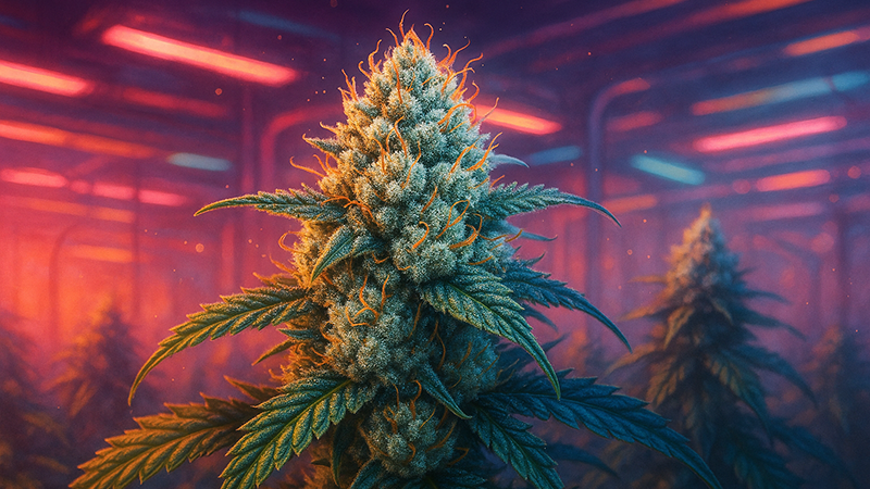 Cannabis plantation with a red lighting