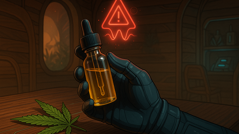 A scifi themed image of a guy in a black glove holding a bottle of CBD