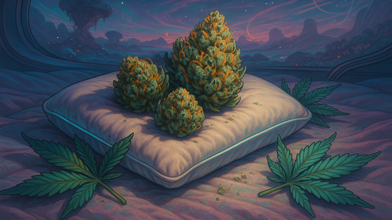 cannabis buds on top of a pillow surrounded by cannabis leaves