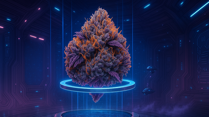 carmelo cannabis flower strain floating in a sci fi themed image
