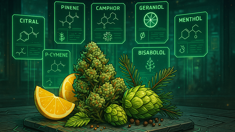 Cannabis buds, lemon and other terpenes on the background