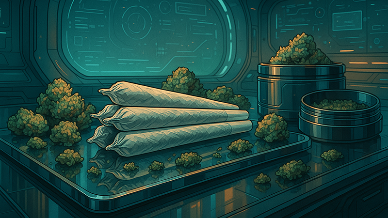 Cannabis roles in a pile with cannabis flowers surrounding it