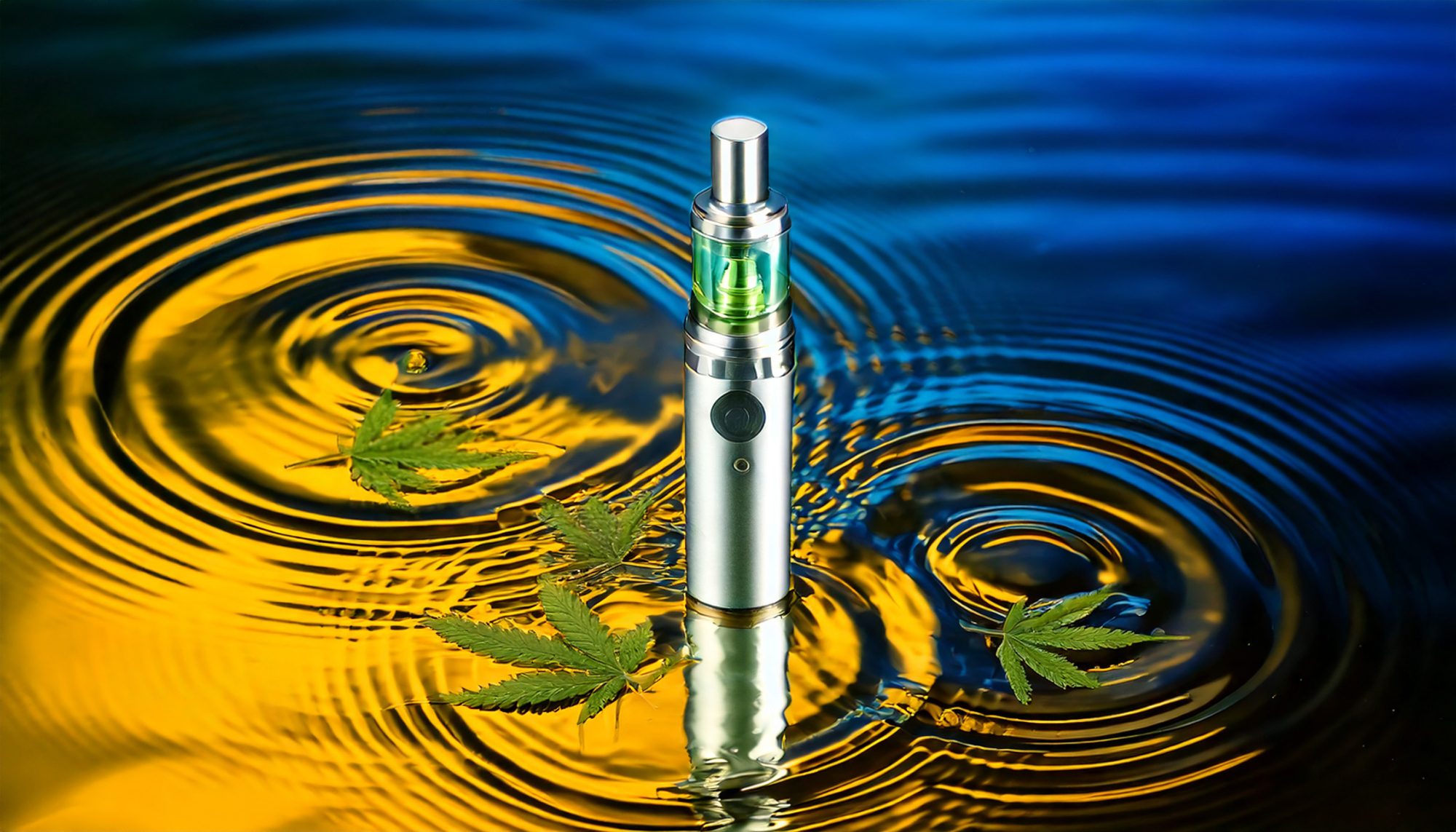 Delta 9 THC vape with ripples of water and cannabis leaves