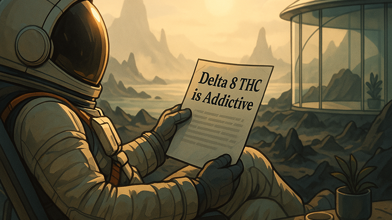 An astronaut reading a paper about the addictive delta 8 thc