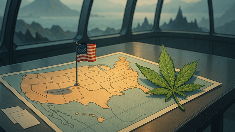 A cannabis leaf on top of the map of the United States of America