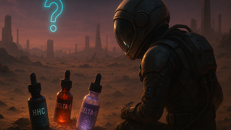 A spaceman looking at three different bottles with different cannabinoids