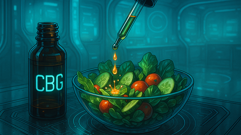 CBG Oil being lightly drizzled on a salad in a bowl
