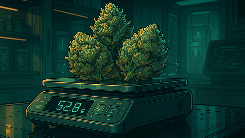 Cannabis buds being weighed by a digital weighing scale