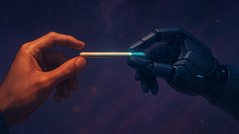 A human hand and a robot hand both holding the ends of a preroll