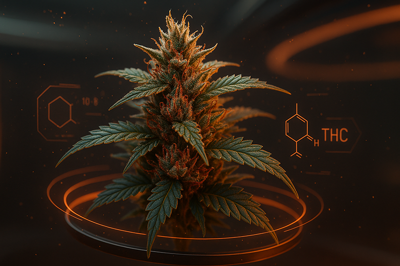 Cannabis flower in a ground with a red colored light 