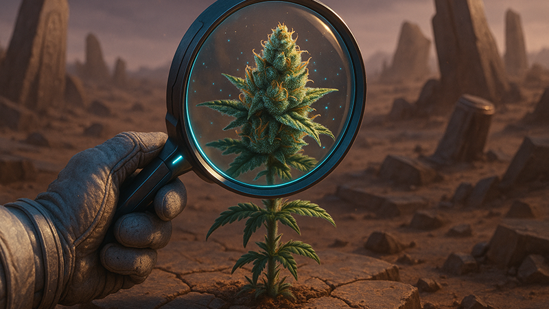A spaceman using magnifying glass looking at a cannabis plant