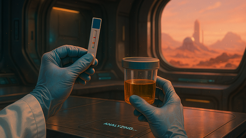A scientist holding a drug test result and urine sample