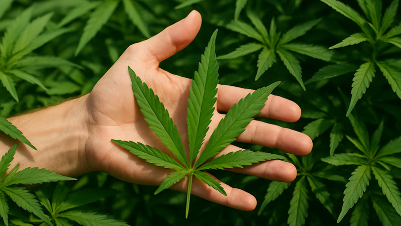 A guy holding a cannabis leaf on its palm