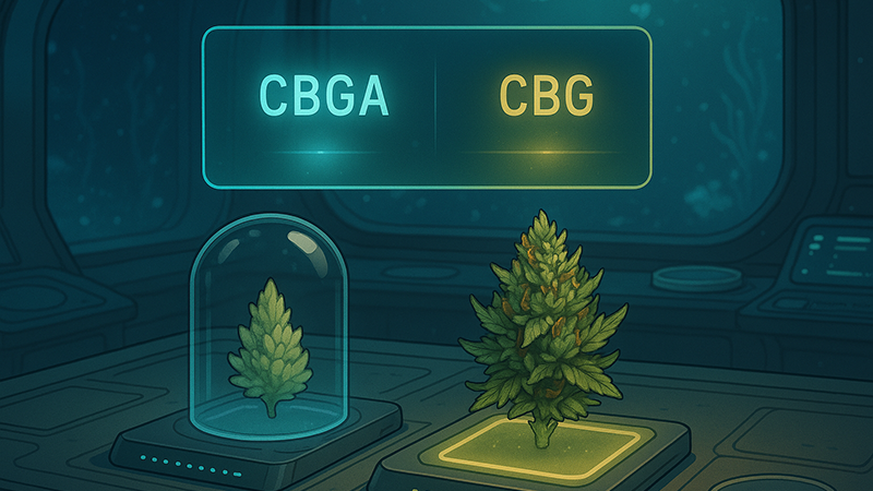 CBGA placed next to a cannabis plant with CBG mark on top of it