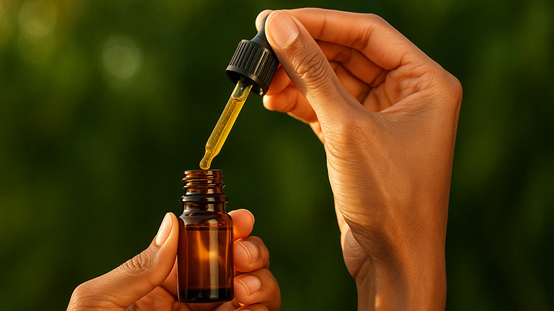 A girl about to use a CBG oil using the dropper