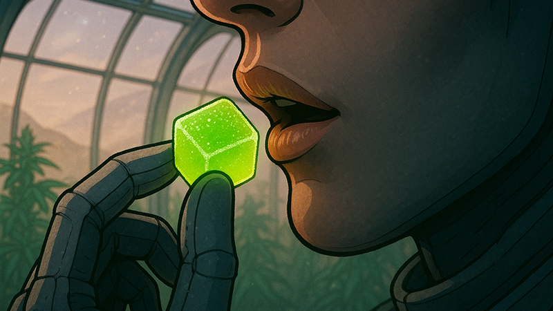 A scifi style image of a girl about to consume a delta 9 thc gummy