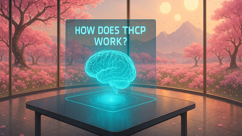 A hologram of a brain with texts saying how does thcp work