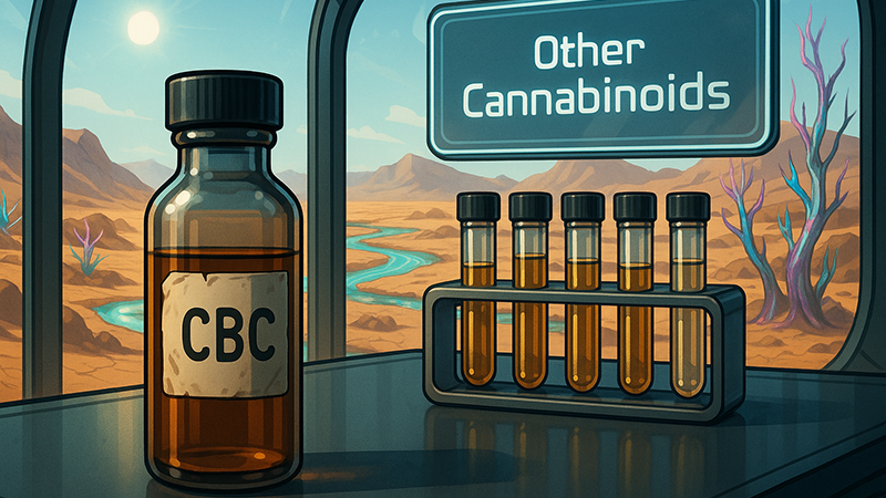 A CBC bottle next to test tubes containing different cannabinoids