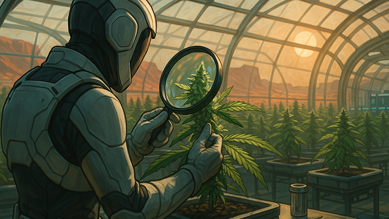 The same astronaut checking the bud of a a cannabis leaf