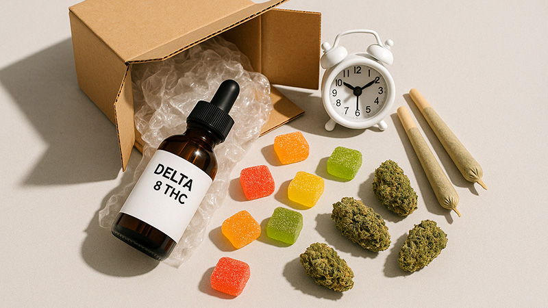 Delta 8 products in a packaging with a small clock
