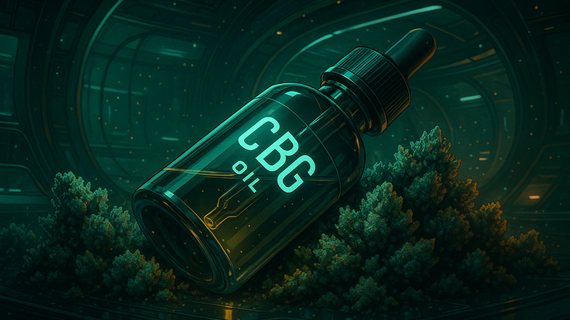 CBG Oil bottle on top of cannabis buds