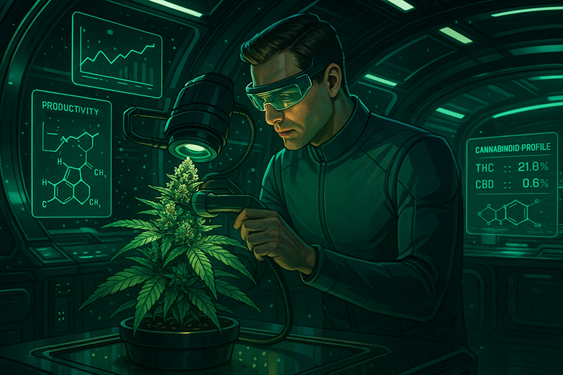 A scientist checking on a cannabis plant and how it could help increase productivity