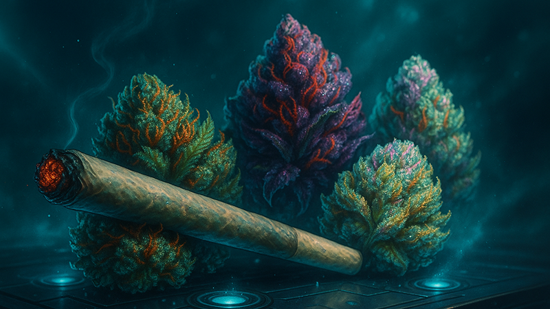 Hemp flowers placed neatly next to each other with a lighted hemp roll