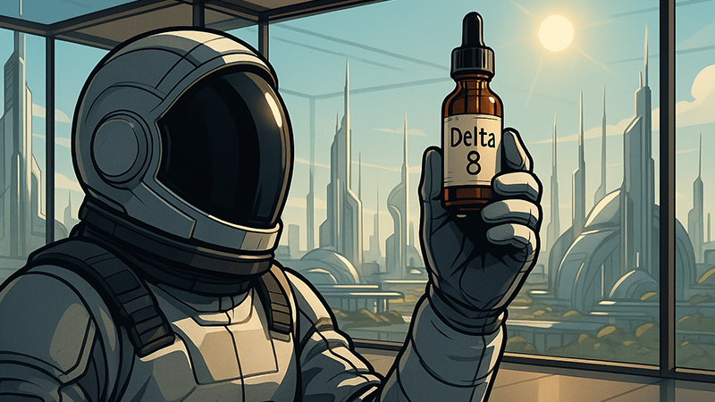 A scientist holding out a bottle of delta 8