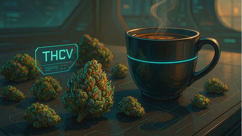 THC buds next to a hot cup of coffee