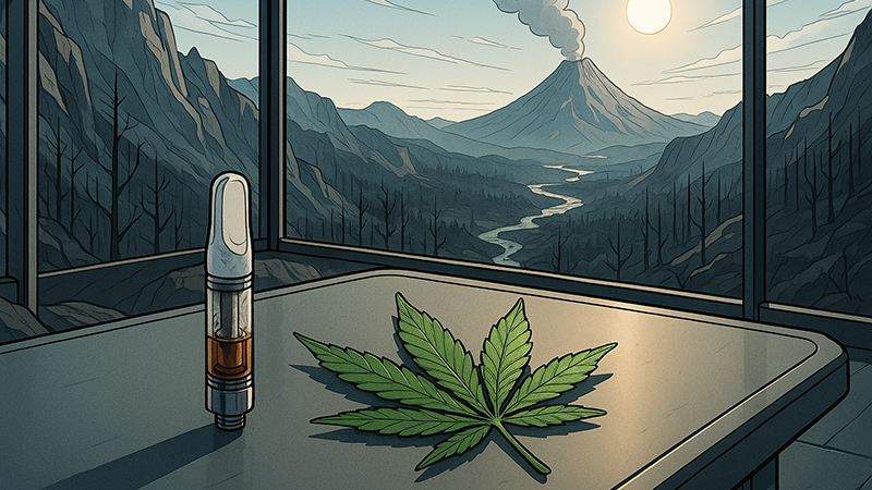 A vape cart with a cannabis leaf next to it