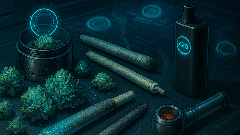 Pre-rolls and hemp buds on top of a table next with vapes and bongs next to it