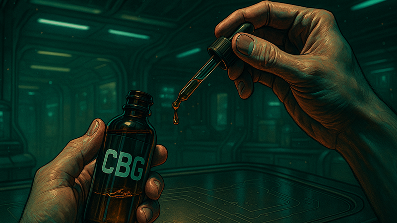 A guy using a dropper to take a CBG oil from the bottle