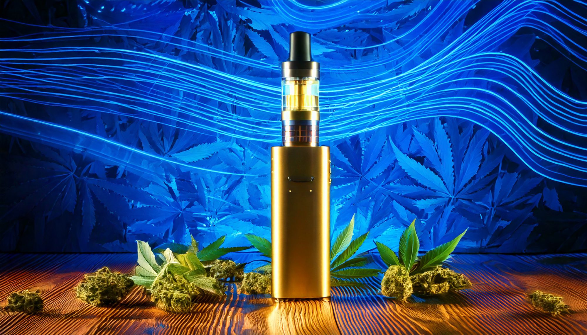 Hybrid vape with cannabis leaves and buds in a blue background