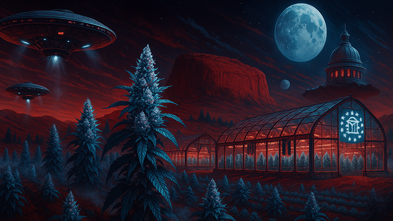 A photorealistic scifi themed image of cannabis plantation with the seal of the state of Georgia