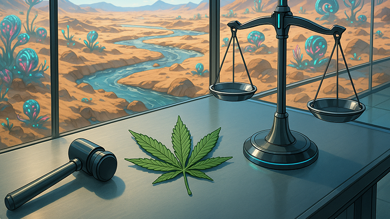 Hammer and a Justice scale on top of a table with one cannabis leaf in between