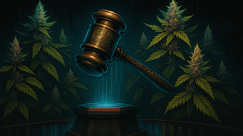 Cannabis plans surrounding a gavel and hammer 