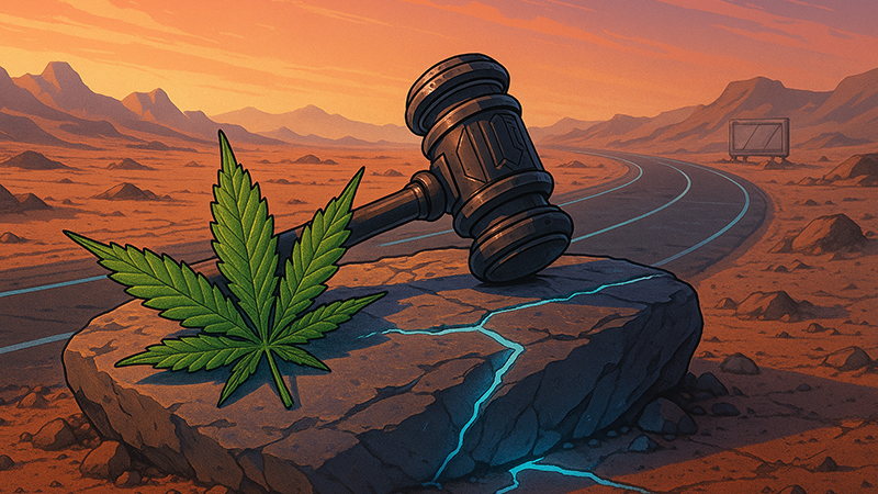 A cannabis leaf with a hammer next to it