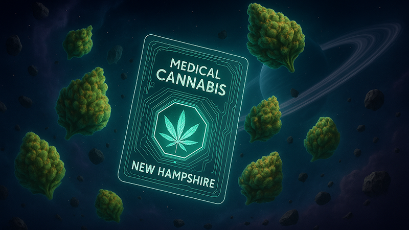 Medical cannabis card in new hampshire with cannabis flowers surrounding it